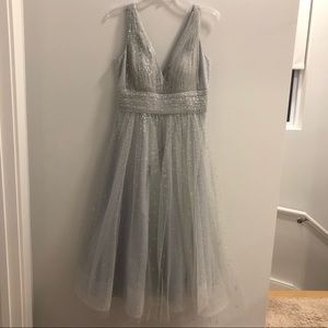 Marchesa Notte Silver Glitter Tulle Dress